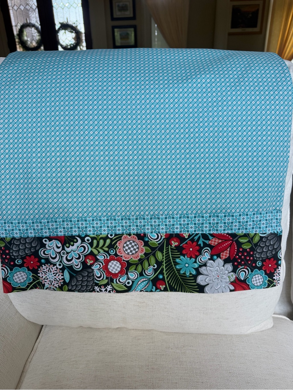 NEW and UNUSED Decorative Blue Floral Accent Pillowcase- Aqua and Black